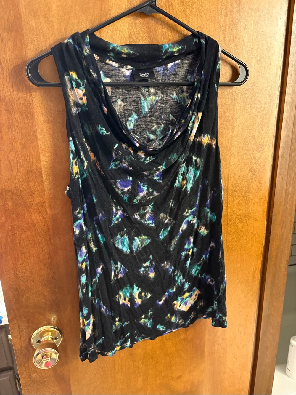 Black Cowl Neck Tank with Teal, Purple & Yellow Abstract Print